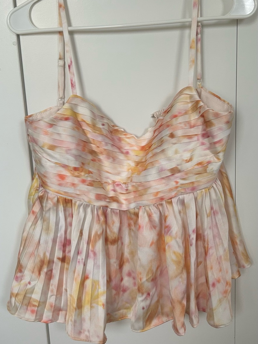 La Lavon Watercolor Pleated Spaghetti Strap Top - Pink & Peach Floral Babydoll